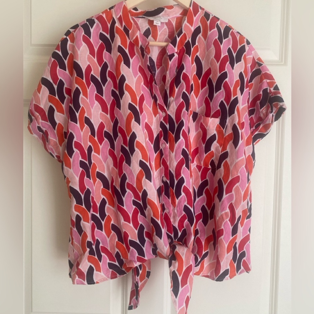 CHARTER CLUB Luxury Linen Button Down Blouse Size XL Tie Front Cap Sleeve